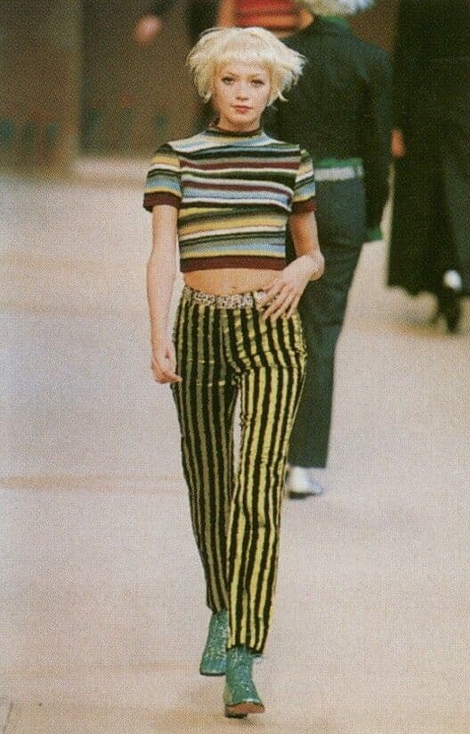 candid vintage model in yellow stripped pants