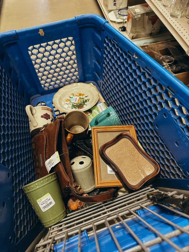 blue grocery cart at a thriftstore