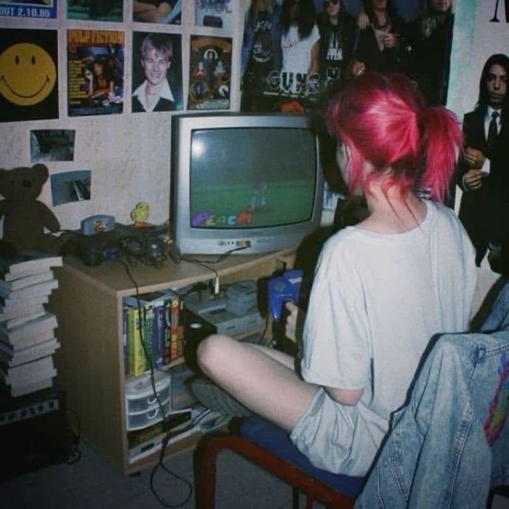 candid girl playing retro video girl