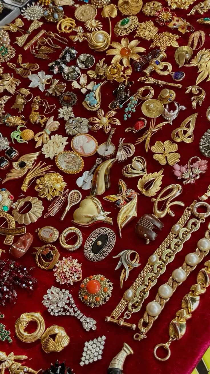 vintage gold jewellry over red velour
